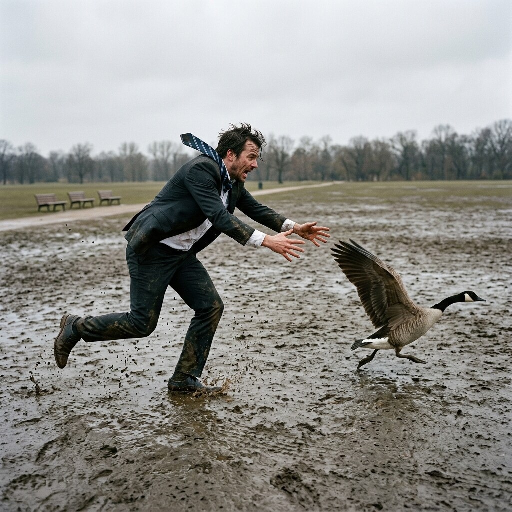 Generated image of a man chasing a wild goose