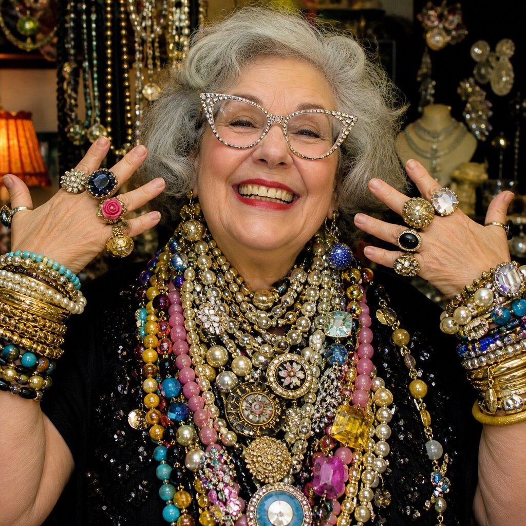 Generated image of a woman wearing a lot of jewelry