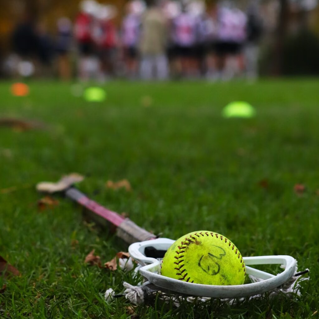 A photo of a lacrosse stick and ball on a grass field.
