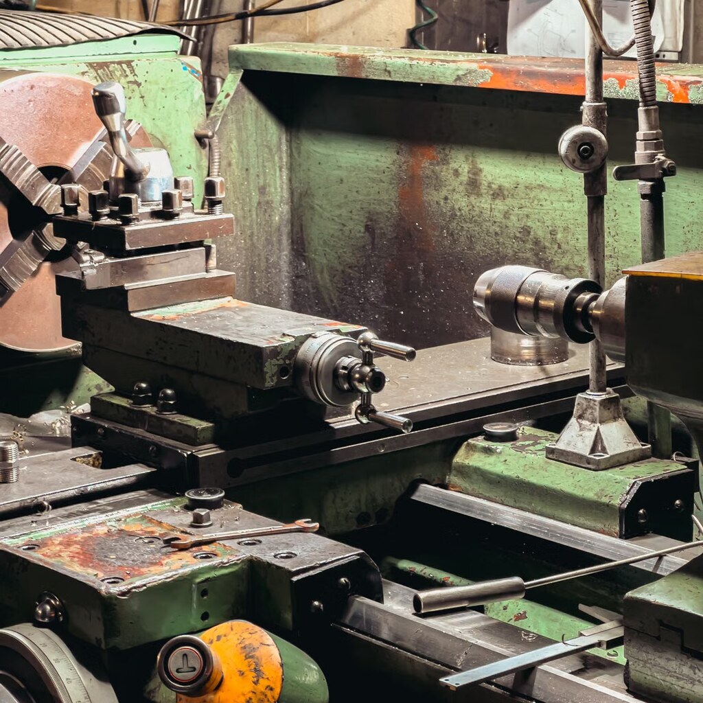 A photo of a metal lathe in an industrial workshop.