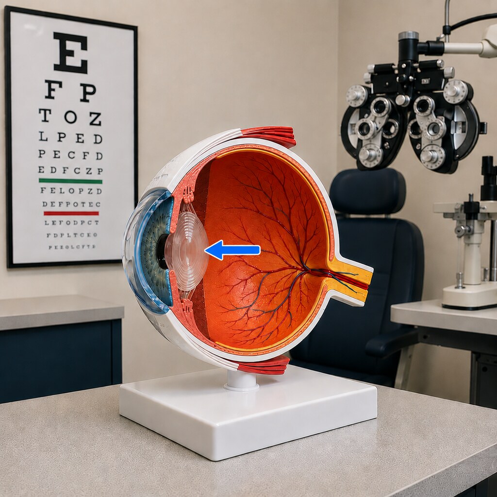 Generated image of an anatomical eye model with the lens indicated