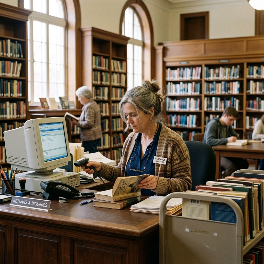 Generated image of a librarian at work