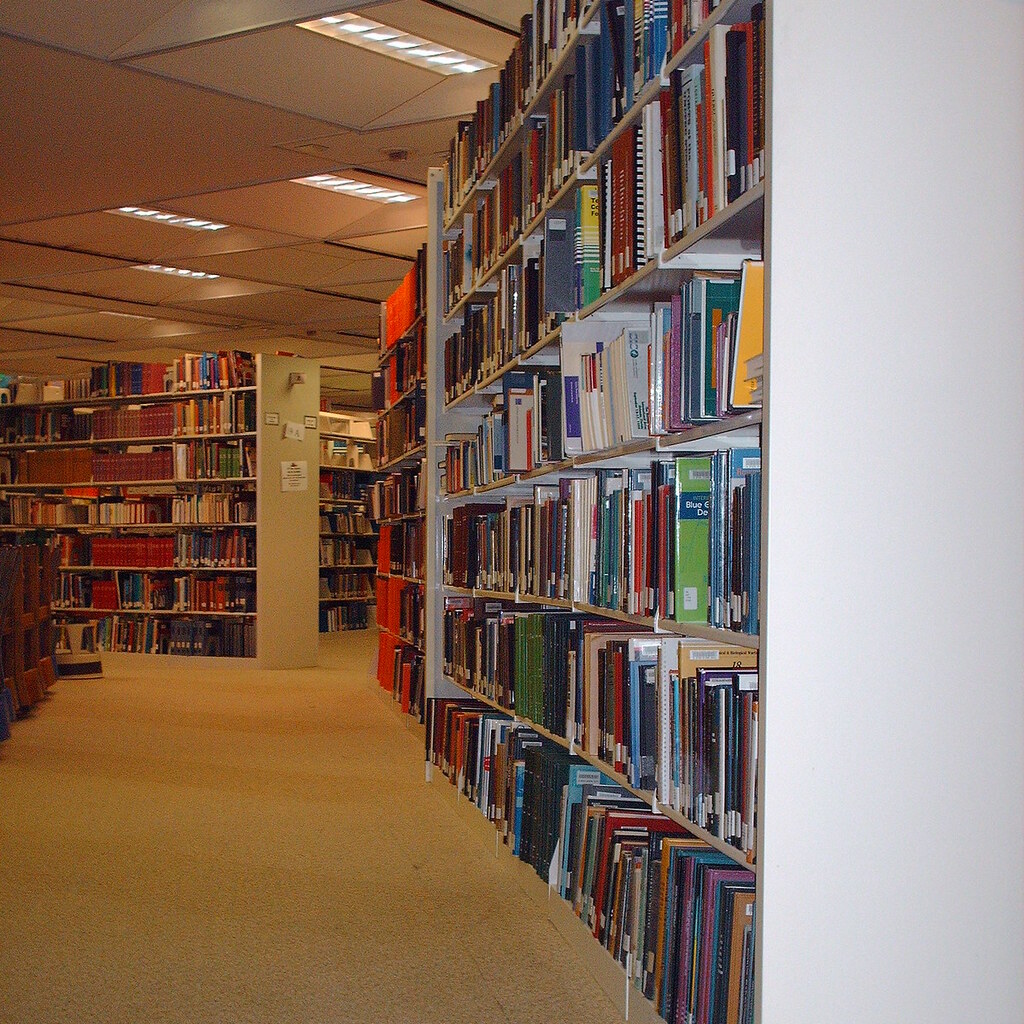 Photo of bookshelves in a library