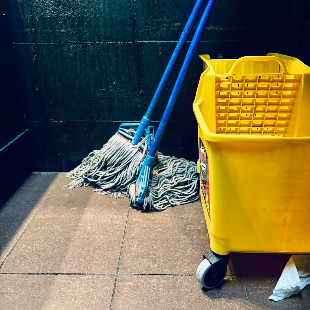 Photo of a mop and bucket.