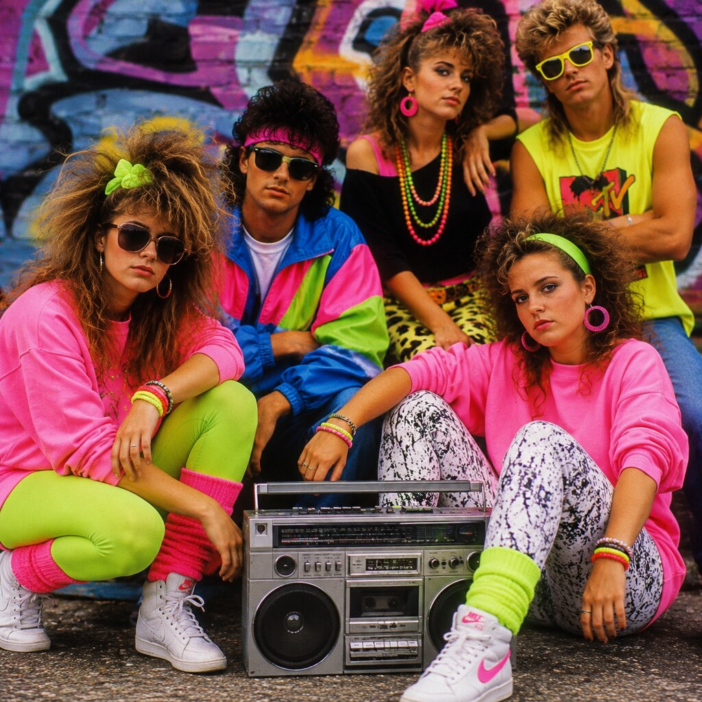 Generated image of people from the 1980s in bright colored clothes