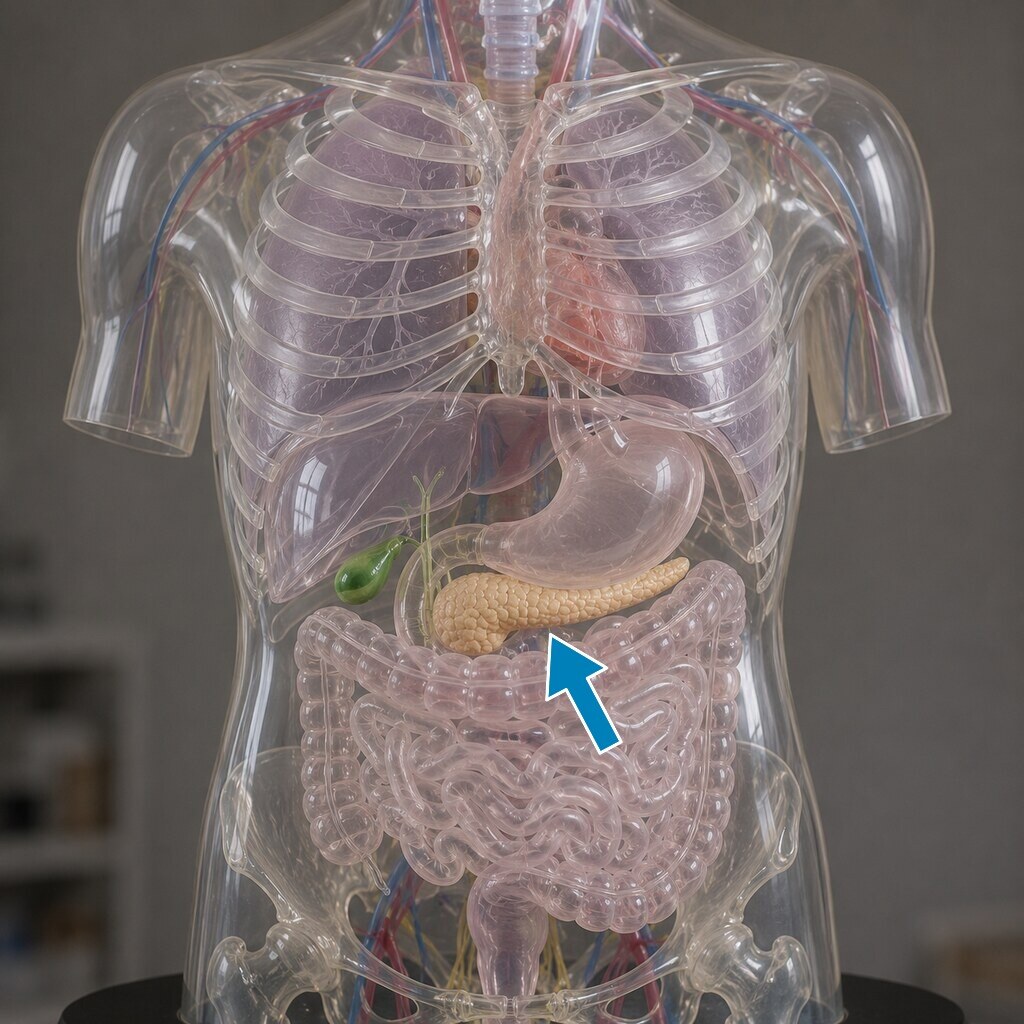 Generated image of an anatomical model indicating the pancreas