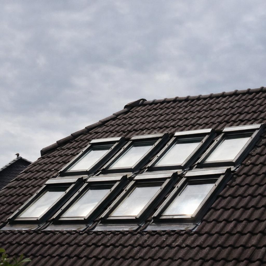 Photo of windows on a roof that look like parallelograms.