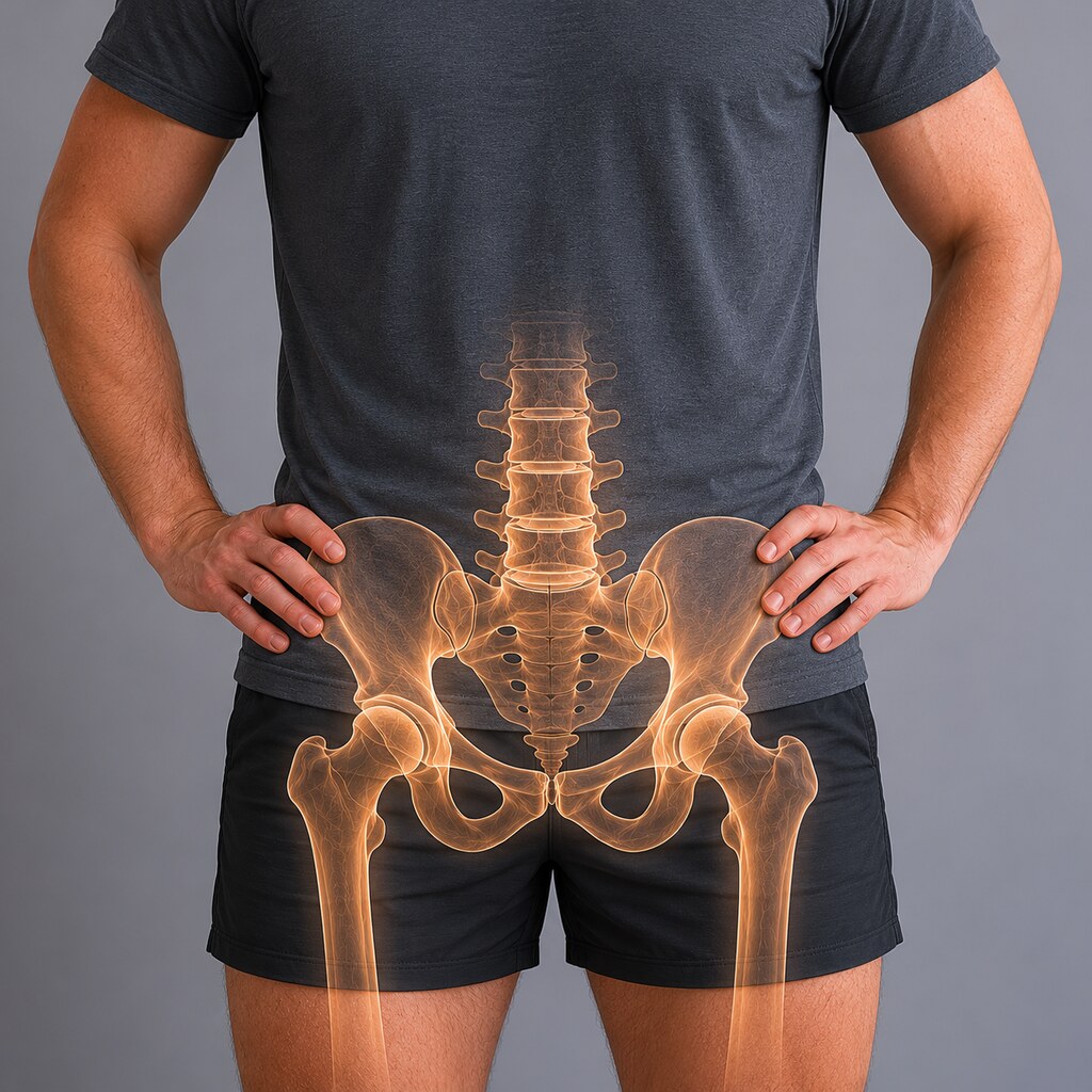 Generated image of a pelvis overlaid on a man