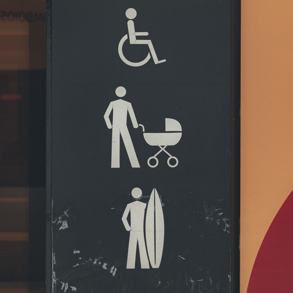 A photo of accessibility pictograms showing a wheelchair user, stroller, and surfboard