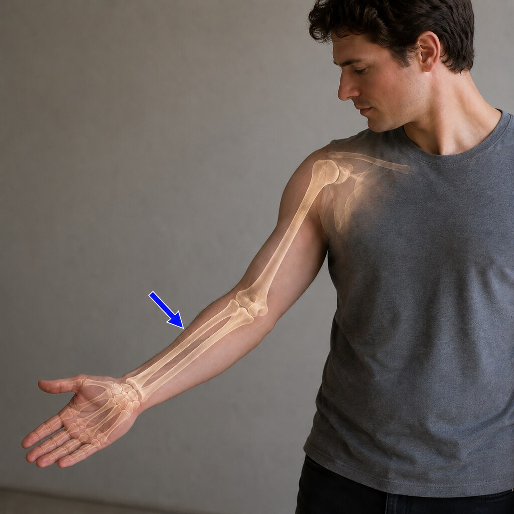 Generated image of an anatomical depiction of arm bones indicating the radius