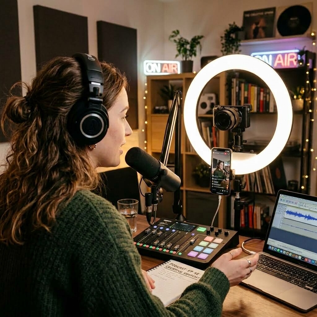 Generated image of an influencer making a podcast