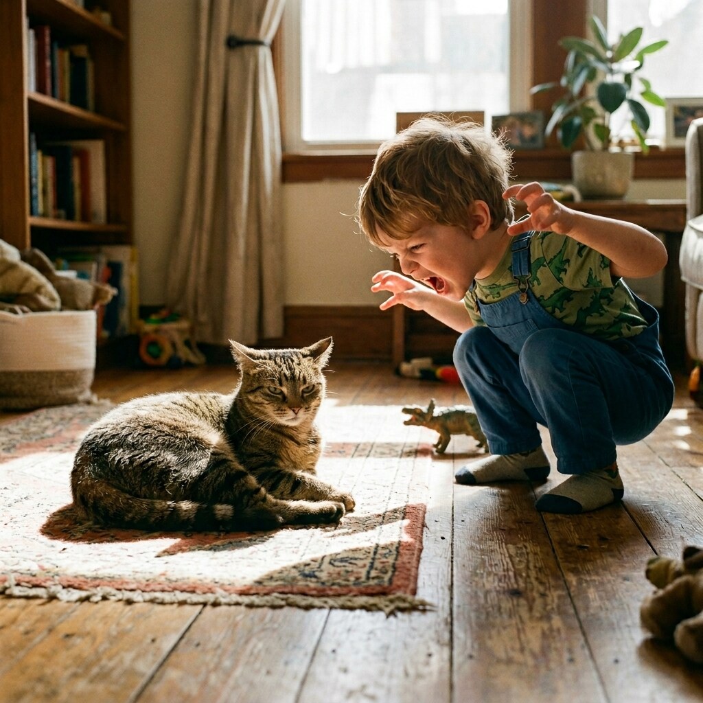Generated image of a toddler scaring a cat