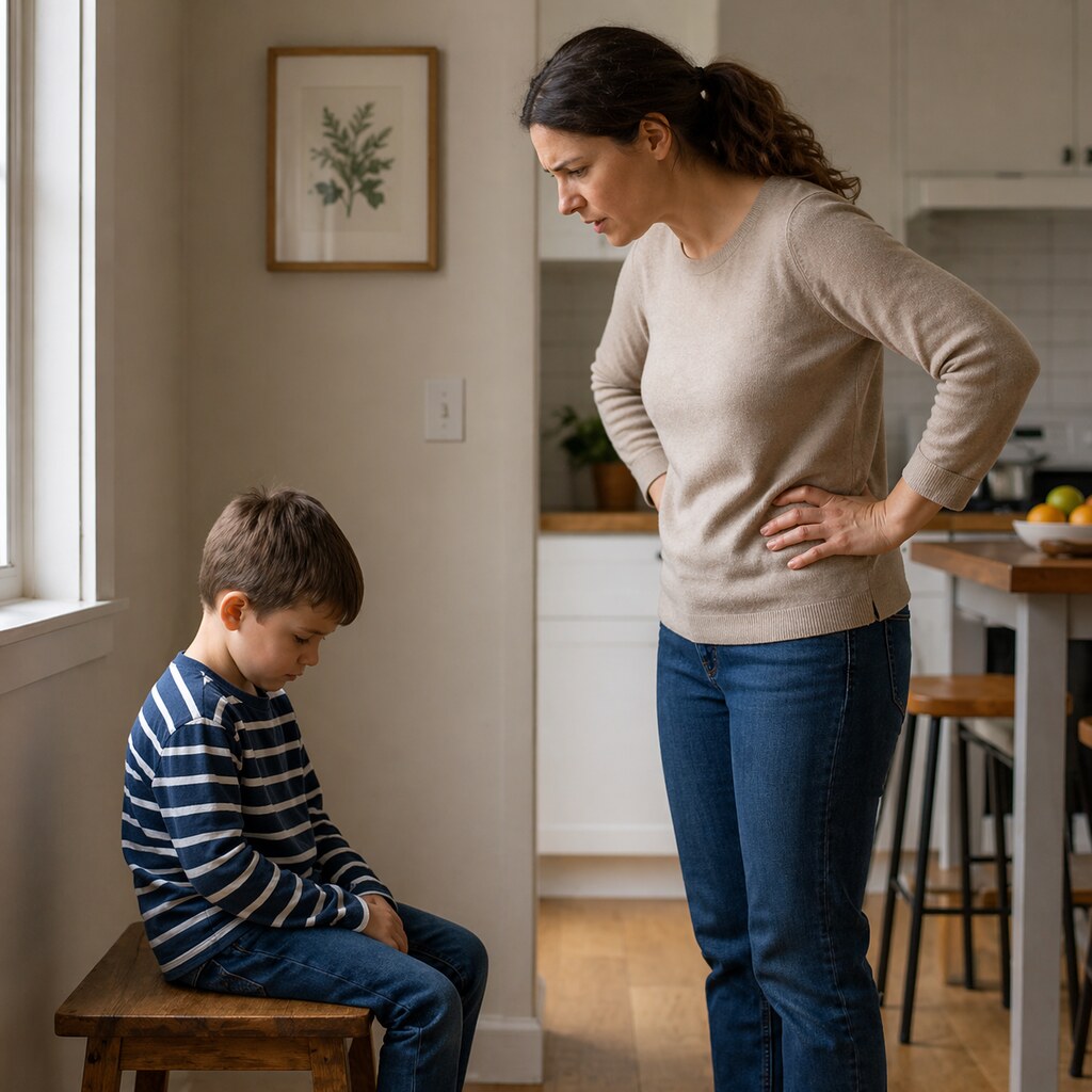 Generated image of a woman scolding a boy.