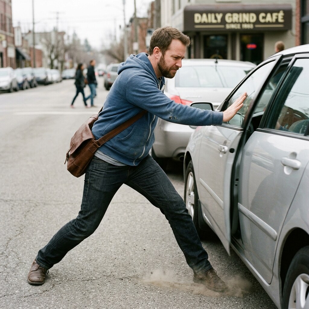 Generated image of a man slamming a car door