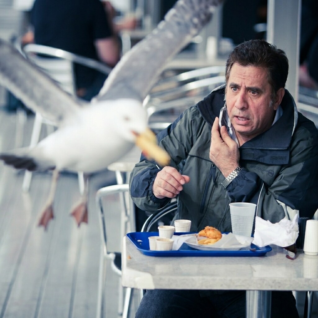 A bird stealing a french fry.