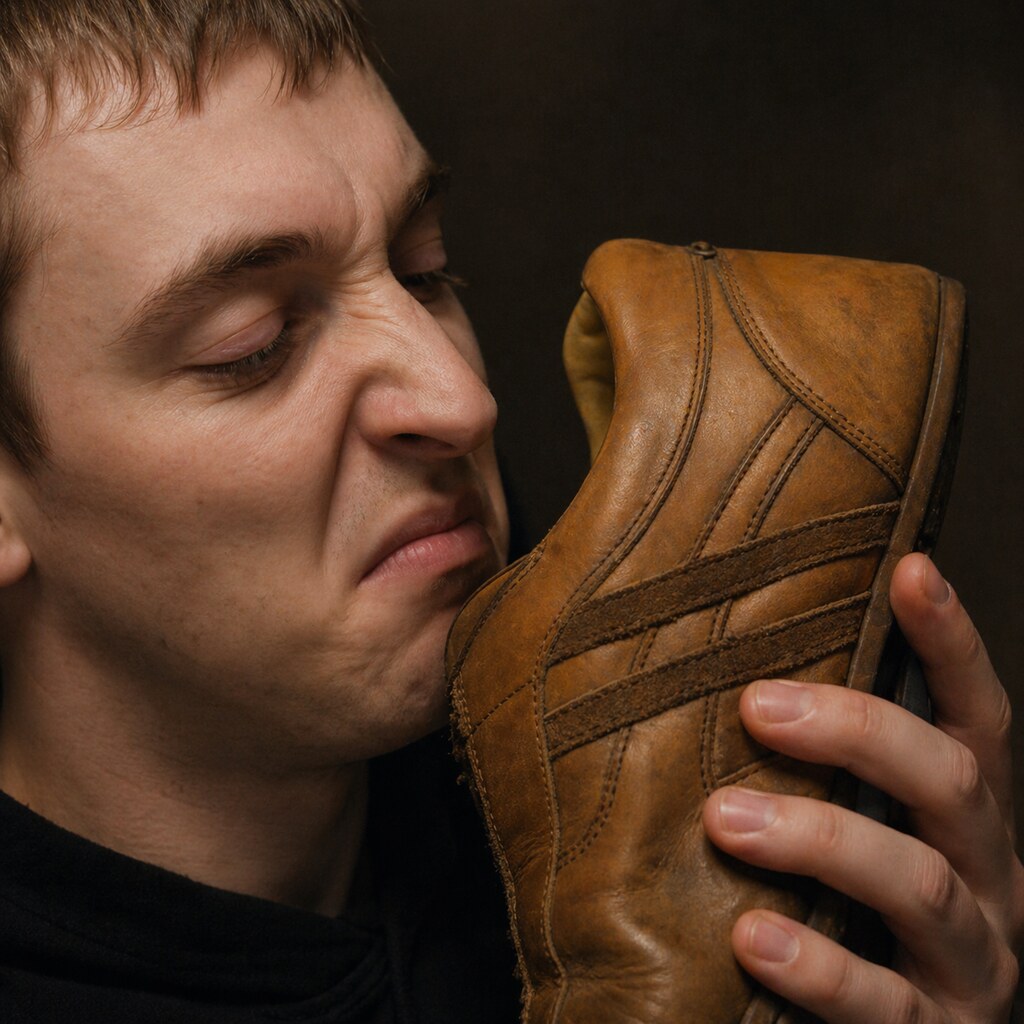 Photo of a man sniffing some shoes