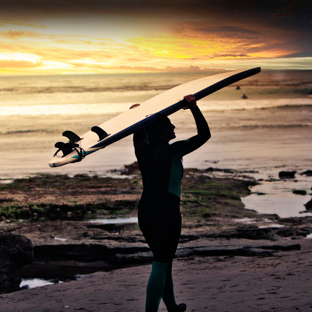 Photo of a woman carrying a surfboard