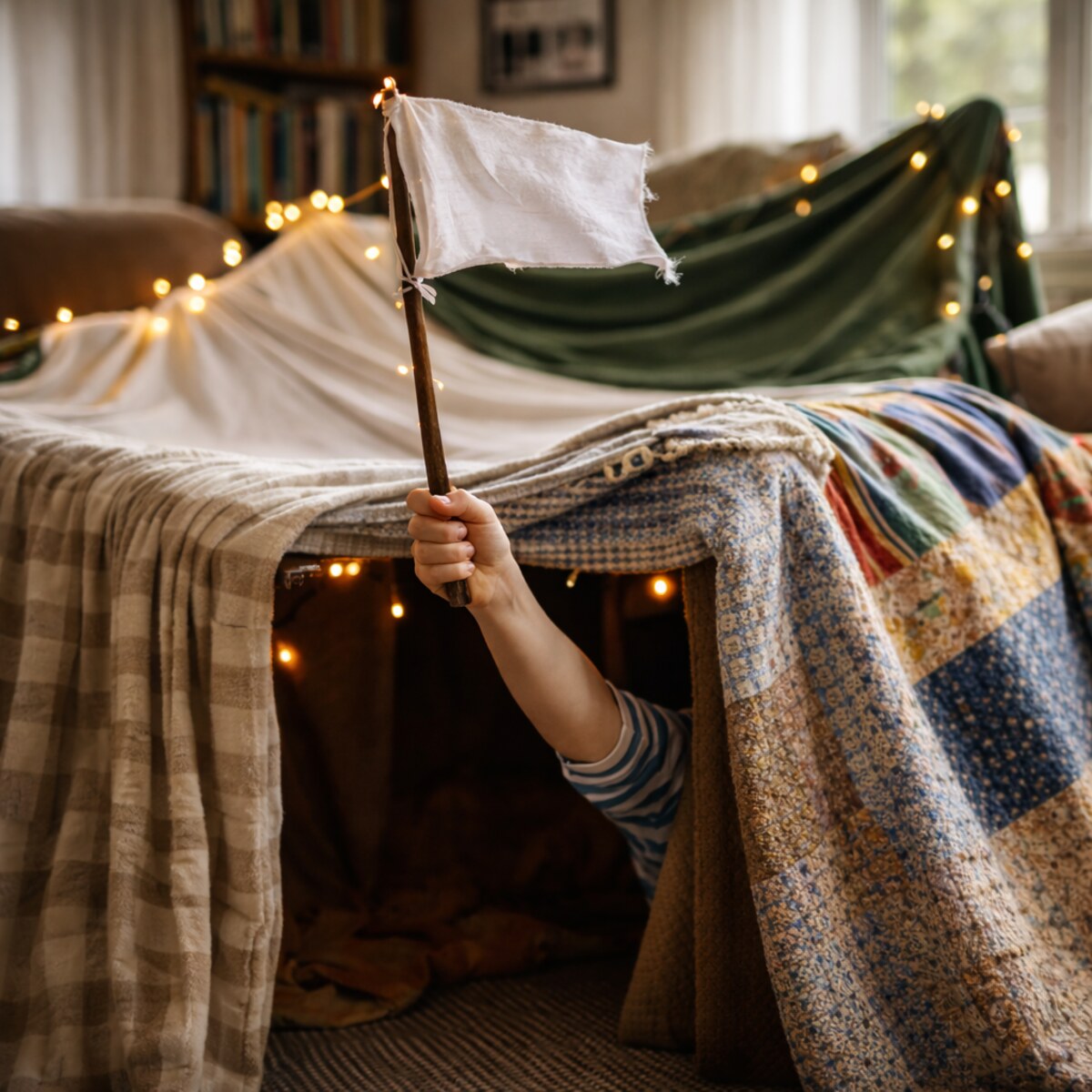 Generated image of a child in a fort surrendering