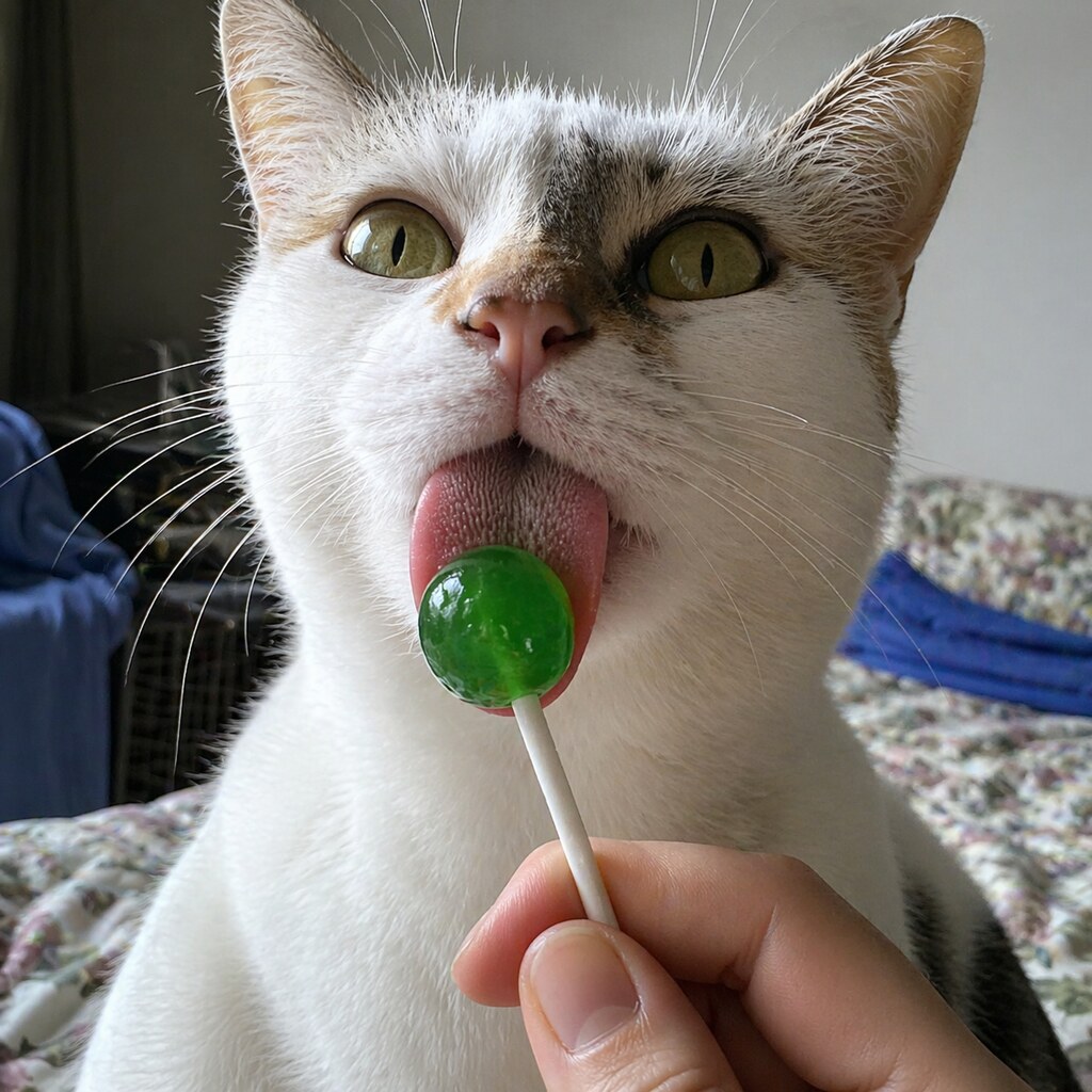 Altered image of a cat licking a lollipop
