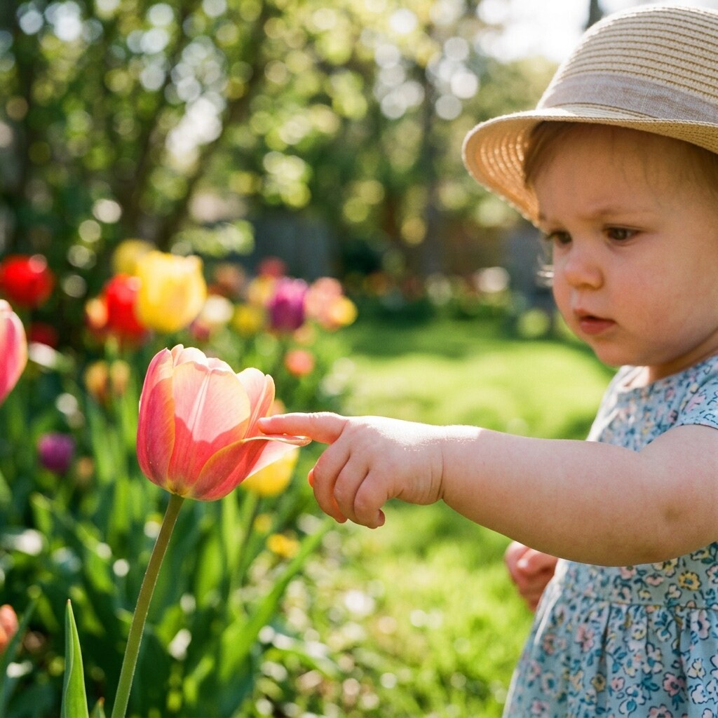 Generated image of a little girl touching a flower
