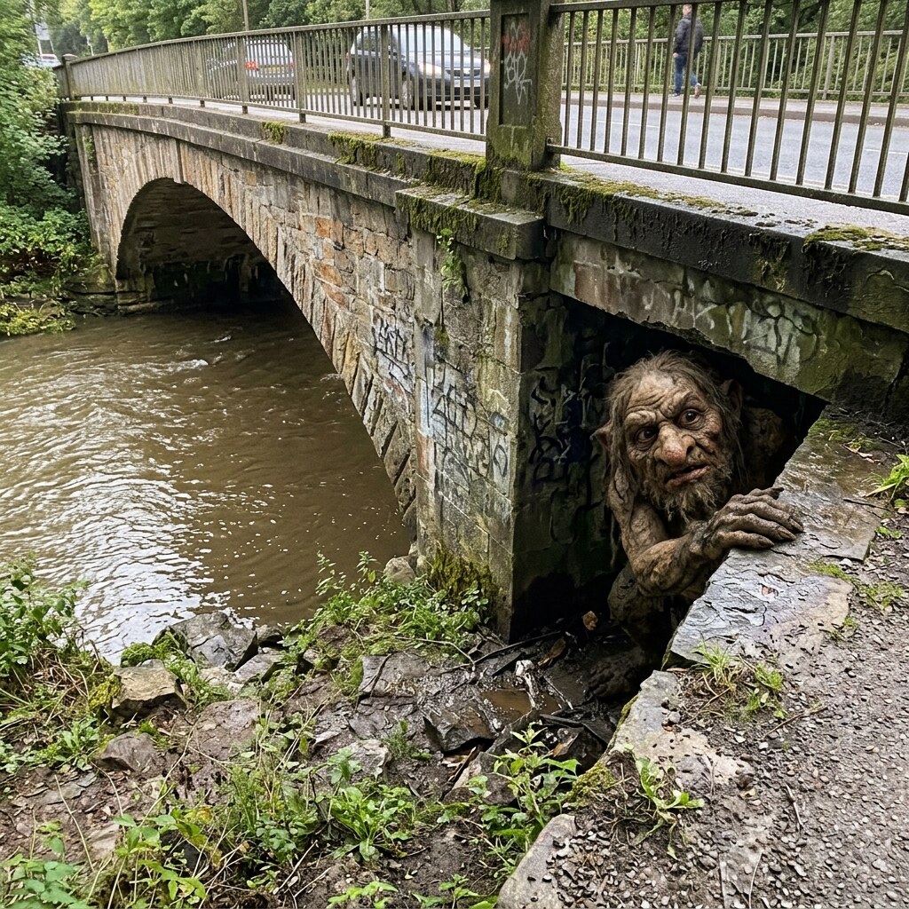Generated image of a troll under a bridge