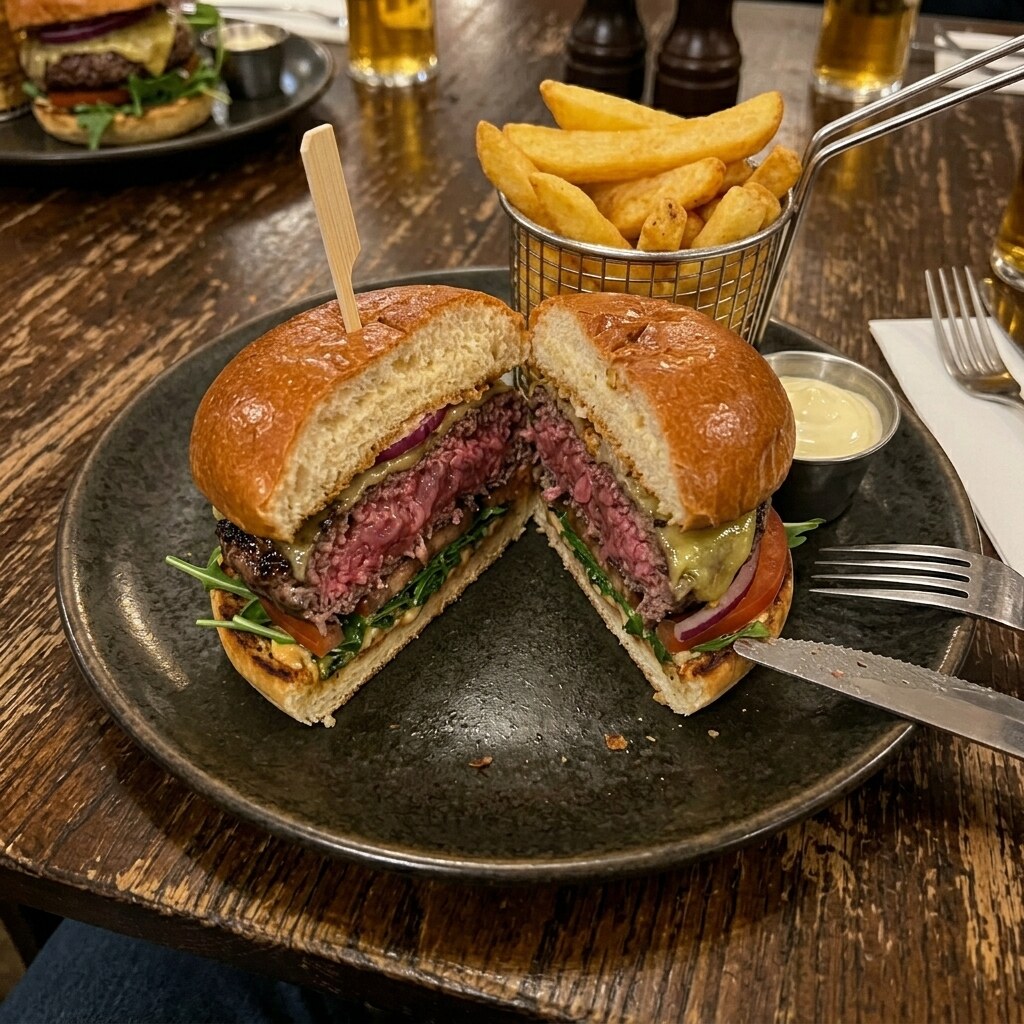Generated image of an undercooked burger
