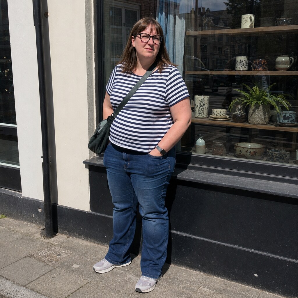Generated image of a woman wearing jeans and a striped top