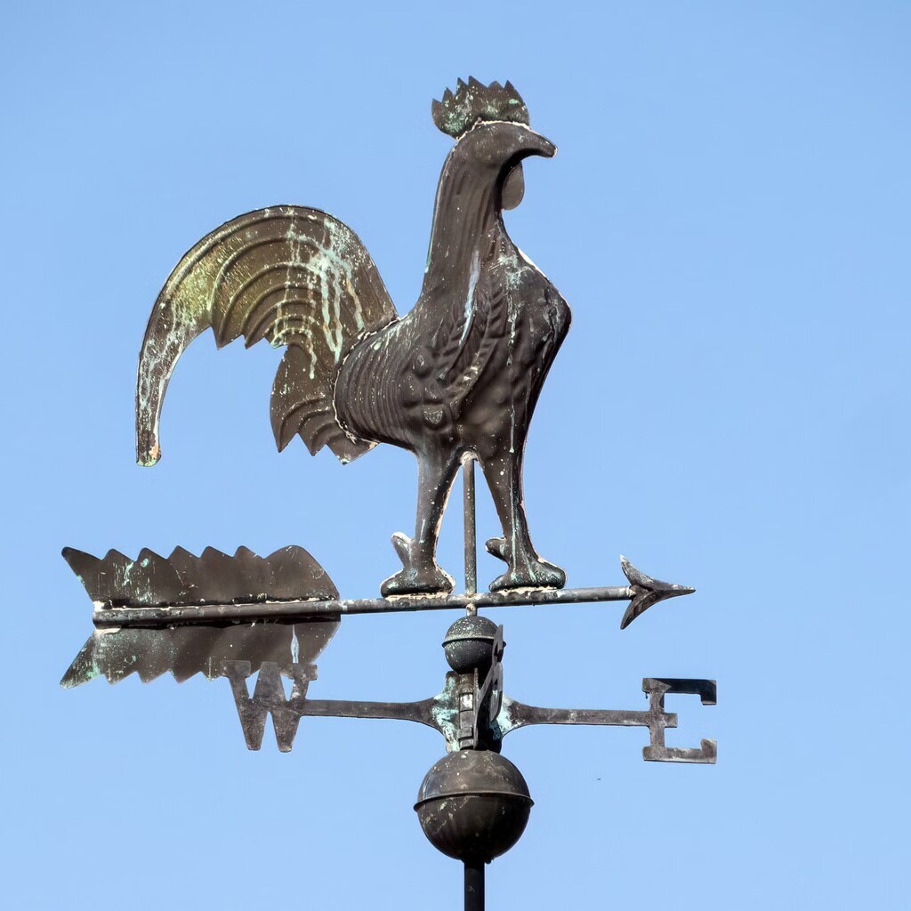 A photo of a metal rooster weathercock with an arrow and directional markers.