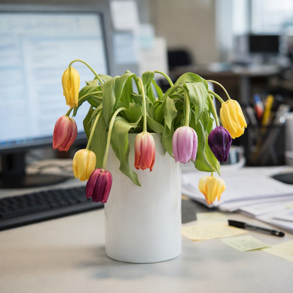 Generated image of a vase of wilted flowers